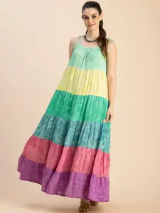 Moomaya Colourblocked Shoulder Straps Gathered Tiered Maxi Dress