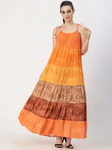 Moomaya Colourblocked Shoulder Straps Gathered Tiered Maxi Dress