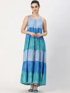 Moomaya Colourblocked Shoulder Straps Gathered Tiered Maxi Dress