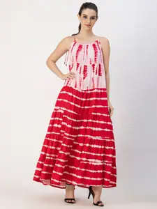 Moomaya Tie and Dye Printed Shoulder Straps Gathered Tiered Maxi Dress