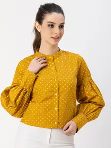 Moomaya Opaque Polka Dots Printed Mandarin Collar Puff Sleeves Cotton Casual Shirt