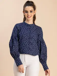 Moomaya Geometric Printed Cotton Puff Sleeves Mandarin Collar Opaque Casual Shirt