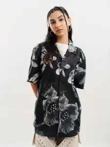 FREAKINS Floral Printed Spread Collar Short Sleeves Cotton Oversized Shirt