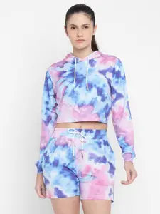 HRX by Hrithik Roshan Abstract Printed Hooded Crop Sweatshirt With Shorts