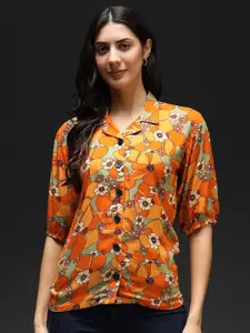 Kannan Floral Print Shirt Collar Roll-Up Sleeves Top