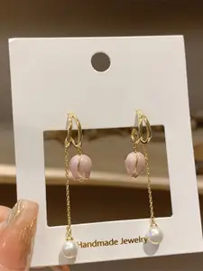 VAGHBHATT Gold-Plated Contemporary Pearl Beaded Drop Earrings