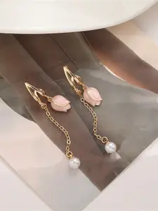 VAGHBHATT Pink Floral Drop EarringsVAGHBHATT Gold-Plated Contemporary Pearl Beaded Drop Earrings