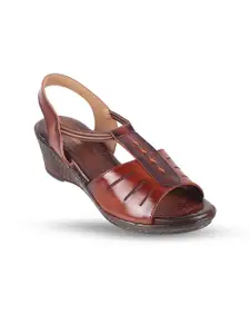 WALKWAY by Metro Tan Textured Leather Wedge Sandals with Buckles