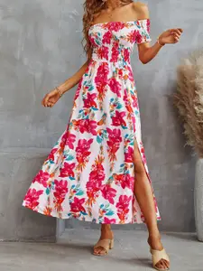 StyleCast Floral Printed Off-Shoulder Front Sleeves Maxi Fit and Flare Dress