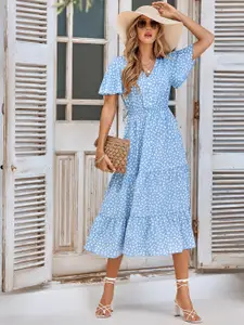 StyleCast Blue & White Abstract Printed Tired Midi Dress