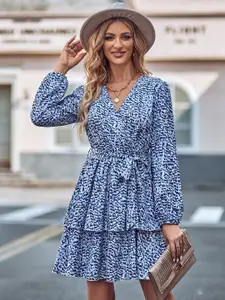 StyleCast Blue Print Puff Sleeve Fit & Flare Empire Dress