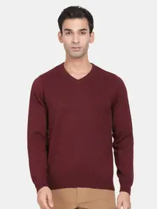 t-base Geometric Self Design V-Neck Ribbed Hem Cotton Pullover Sweaters