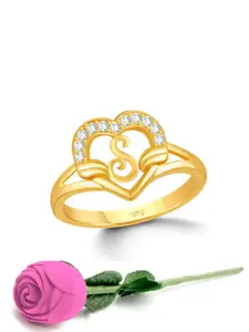 Vighnaharta Gold Plated Cubic Zirconia Studded & Alphabet S Finger Ring With Rose Box