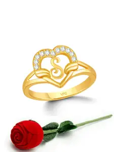 Vighnaharta Gold-Plated CZ-Studded & Alphabet S Finger Ring With Rose Box