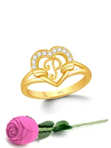 Vighnaharta Gold-Plated CZ-Studded & Alphabet P Finger Ring With Rose Box