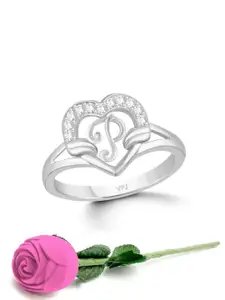Vighnaharta Rhodium-Plated CZ-Studded & Alphabet P Finger Ring With Rose Box