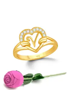 Vighnaharta Gold-Plated CZ-Studded & Alphabet V Finger Ring With Rose Box