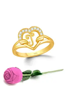 Vighnaharta Gold-Plated CZ-Studded & Alphabet J Finger Ring With Rose Box