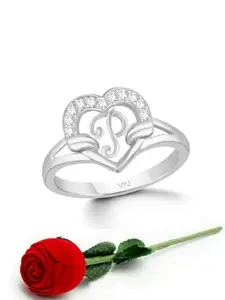 Vighnaharta Rhodium-Plated CZ-Studded & Alphabet P Finger Ring With Rose Box