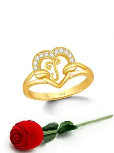 Vighnaharta Gold-Plated CZ-Studded & Alphabet J Finger Ring With Rose Box