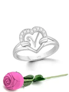 Vighnaharta Rhodium-Plated CZ-Studded & Alphabet V Finger Ring With Rose Box