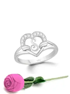 Vighnaharta Rhodium-Plated Cubic Zirconia Studded & Alphabet S Finger Ring With Rose Box