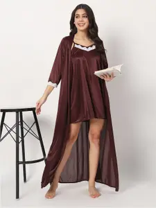 Klamotten Shoulder Straps Above Knee Length Satin Nightdress With Robe