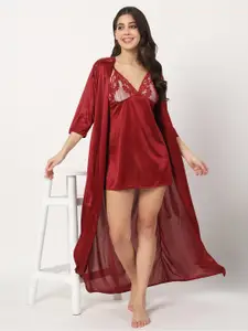 Klamotten Shoulder Straps Above Knee Length Satin Nightdress With Robe