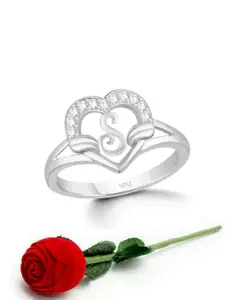 Vighnaharta Rhodium-Plated Cubic Zirconia Studded & Alphabet S Finger Ring With Rose Box