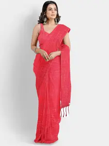 WoodenTant Checked Pure Cotton Ikat Saree With Tassels