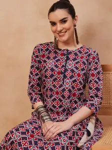 Anouk Navy Blue Ethnic Motifs Printed Pure Cotton Straight Kurta