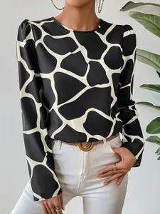 StyleCast Black & White Round Neck Abstract Printed Cap Sleeves Regular Top