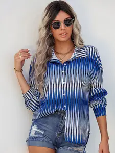 StyleCast Blue Vertical Stripes Spread Collar Casual Shirt