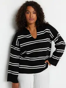 Trendyol Plus Size Striped Printed Acrylic Pullover Sweater