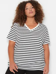 Trendyol Short Sleeves Striped V-Neck Monochrome Cut Outs T-shirt