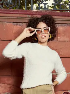 SASSAFRAS White Round Neck Fuzzy Detail Pullover Sweater