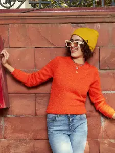 SASSAFRAS Orange Round Neck Fuzzy Detail Pullover Sweater