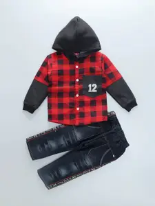 BAESD Boys Checked Hooded Shirt with Trousers