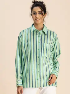 Moomaya Spread Collar Long Sleeves Striped Opaque Casual Shirt