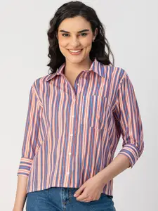 Moomaya Spread Collar Three Quarter Sleeves Striped Opaque Casual Shirt