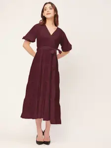 Moomaya V-Neck Puff Sleeves Tiered & Tie-Ups Detail Fit & Flare Midi Dress