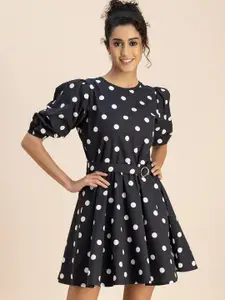 Moomaya Polka Dot Print Round Neck Puff Sleeve Fit & Flare Dress