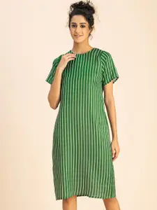 Moomaya Round Neck Striped Satin A-Line Dress