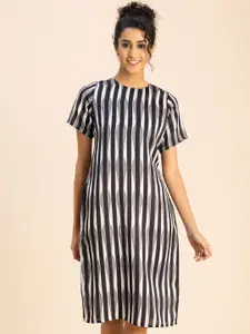 Moomaya Striped Round Neck Satin Sheath Dress