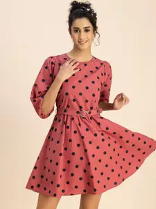 Moomaya Polka Dot Print Round Neck Three-Quarter Sleeves Fit & Flare Cotton Dress