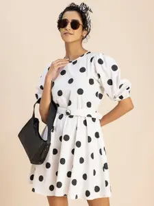 Moomaya Round Neck Polka Dot Printed Cotton Fit & Flare Dress