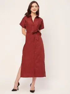 Moomaya Striped Cotton Shirt Collar Straight Shirt Midi Dress