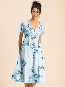 Moomaya Floral Print V Neck A-Line Dress