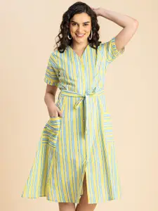 Moomaya Striped V Neck Short Sleeves A-Line Dress