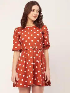 Moomaya Polka Dot Print Round Neck Short Sleeves Fit & Flare Mini Dress